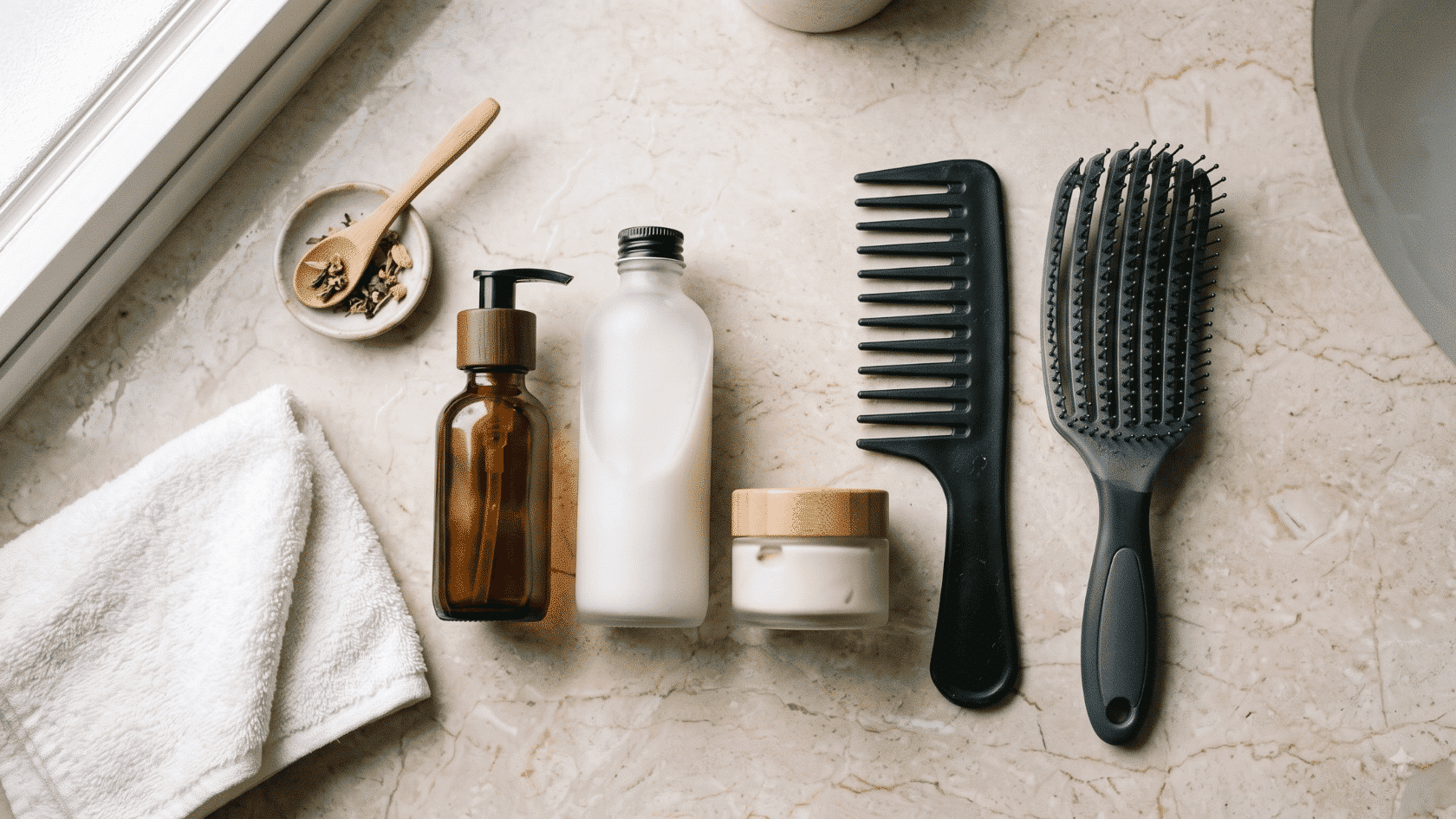 Hair care items including bottles, jars, towels, and different brushes arranged on a bathroom countertop.