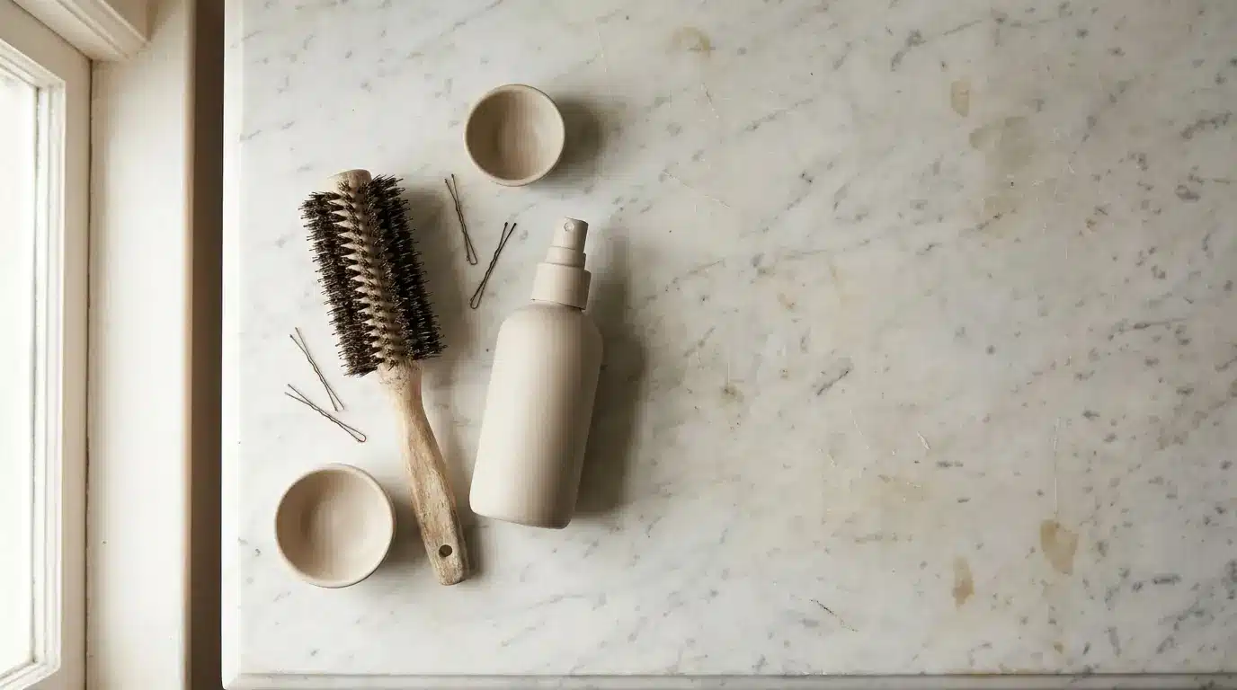 Wooden hairbrush, spray bottle, and bobby pins on marble bathroom countertop