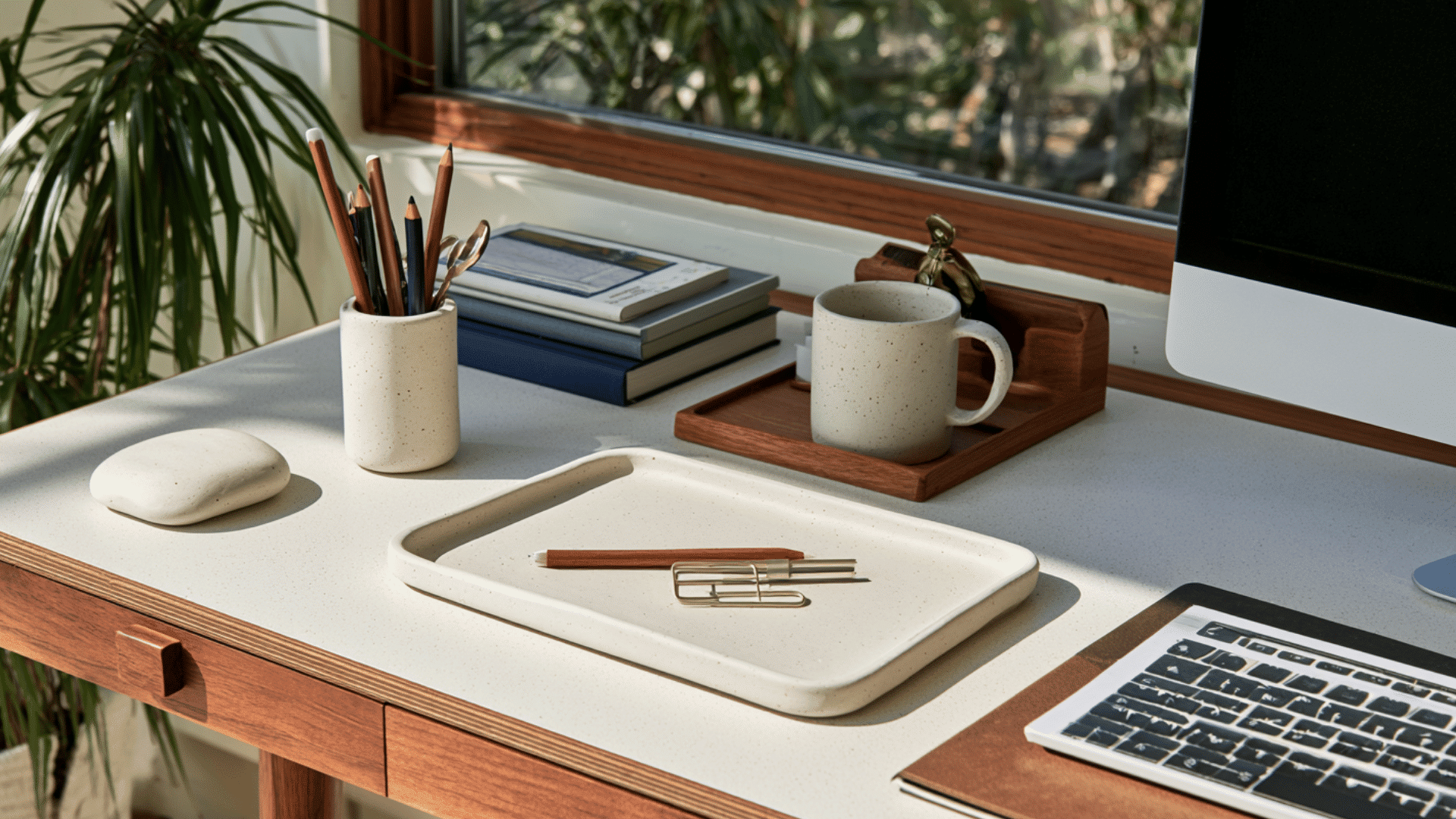 handmade clay desk accessories including organizers and holders on a workspace