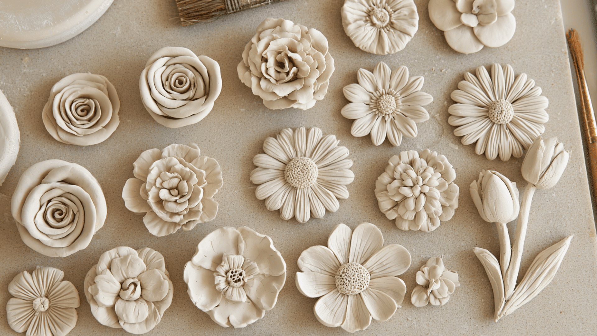 handmade clay flower decorations with detailed petals and colorful designs
