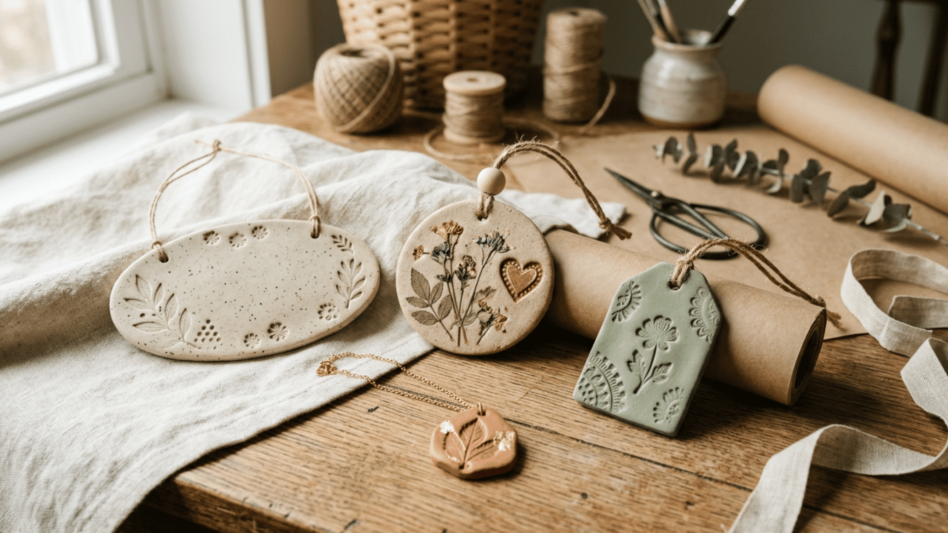 handmade clay gifts including decorative pieces and ornaments arranged for special occasions