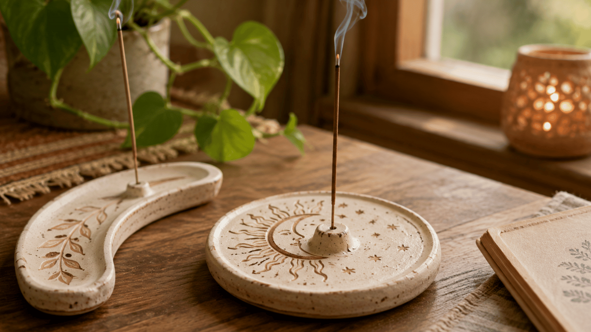 handmade clay incense holders with artistic patterns placed in a peaceful corner