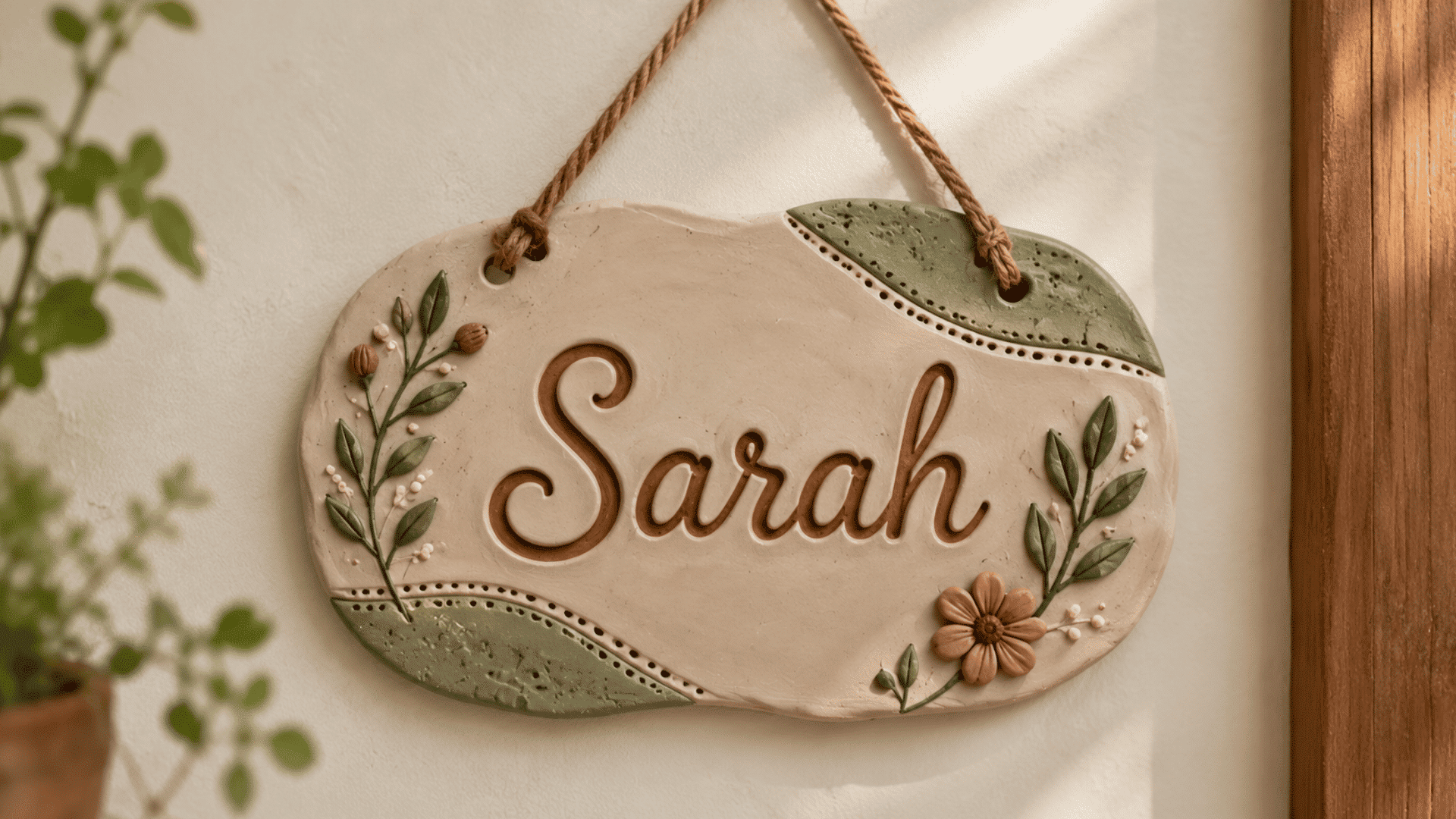 handmade clay name plates with decorative lettering and textured patterns