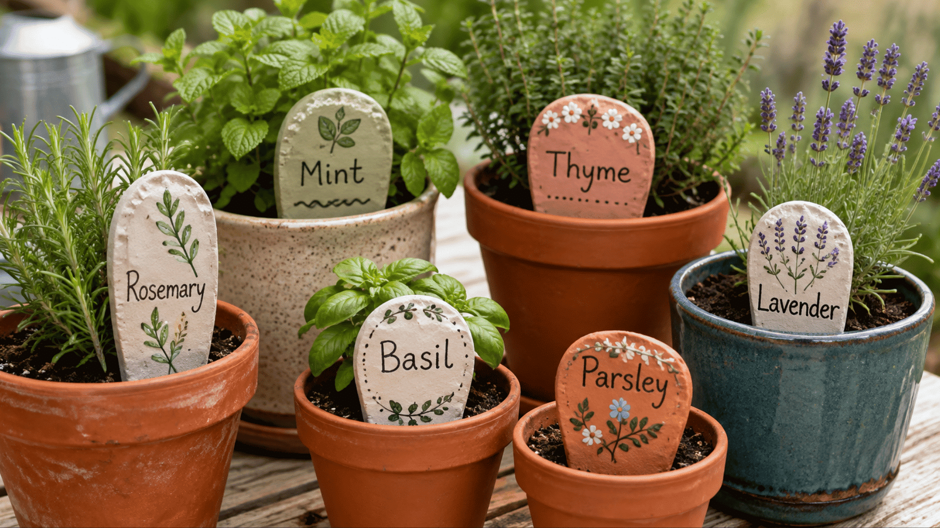 handmade clay plant markers with labels placed in small potted plants for garden decor