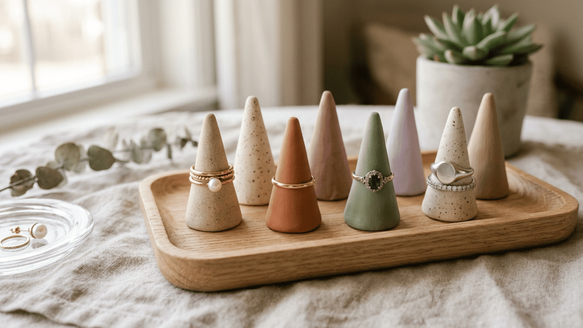 handmade clay ring cones displaying jewelry on a decorative tray