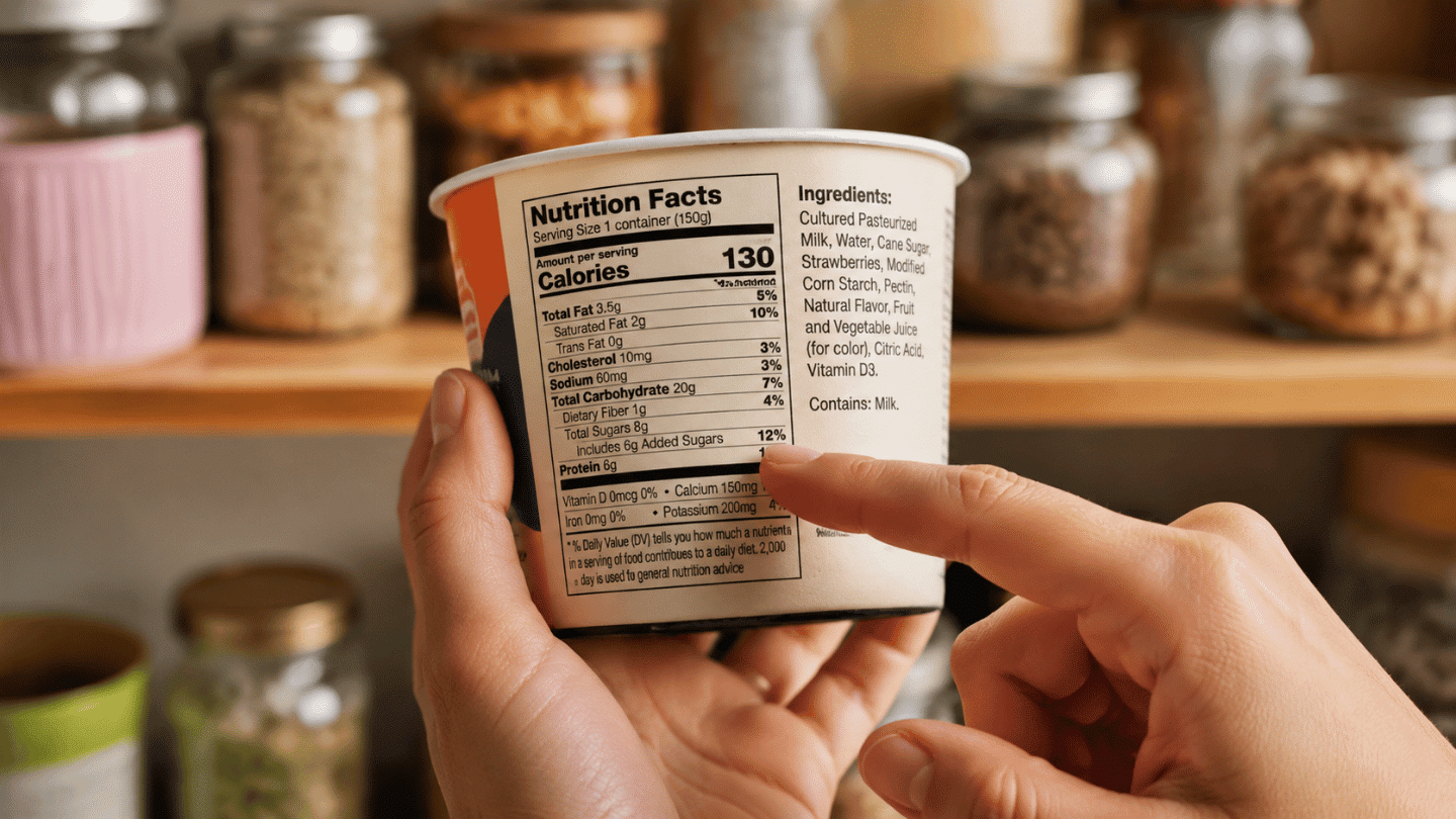 Hands holding a food container with a finger pointing at the nutrition facts label in a kitchen setting.