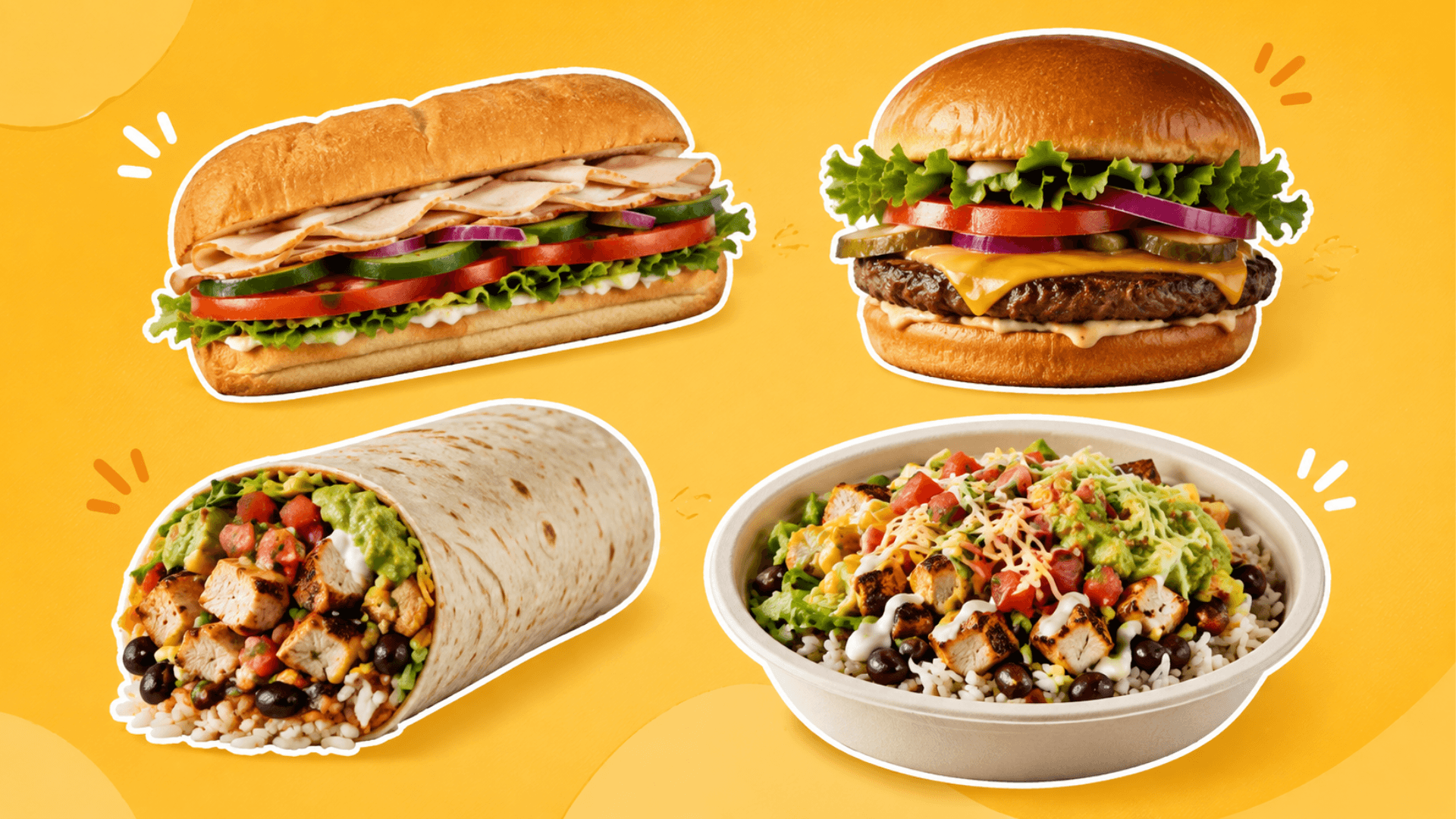 healthy fast food meals with grilled chicken salad, grain bowl, turkey sub, roast beef sandwich, fresh fruit, and water.