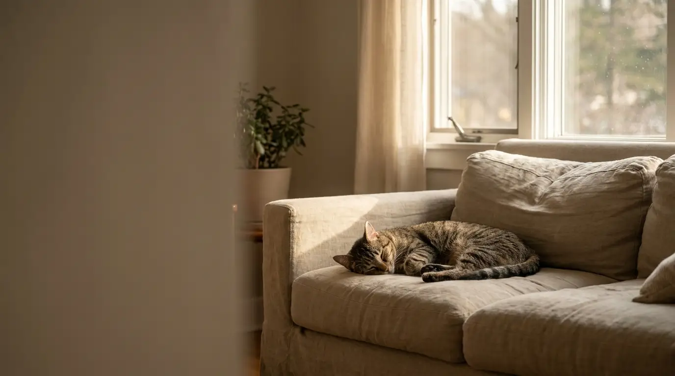 Tabby cat sleeping on a beige sofa in sunlit living room next to window
