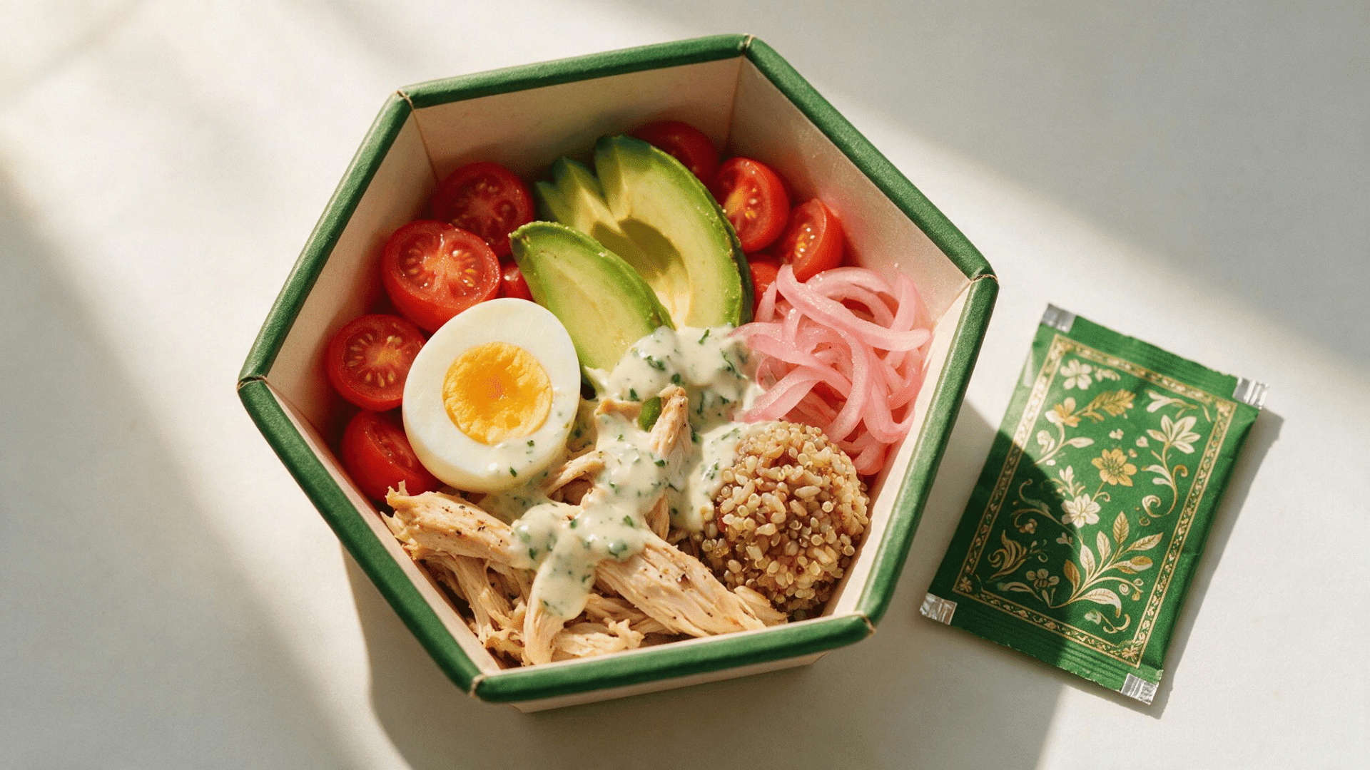 healthy fast food bowl with chicken, avocado, quinoa, egg, cherry tomatoes, pickled onions, and creamy dressing.