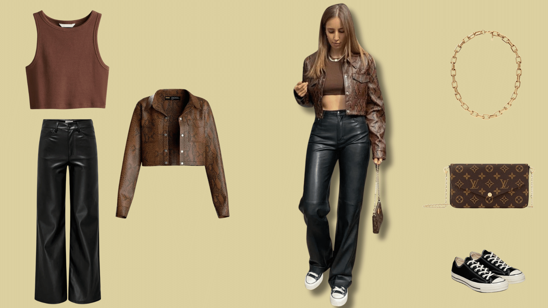 High-waisted leather pants with a crop top and jacket for a stylish casual look