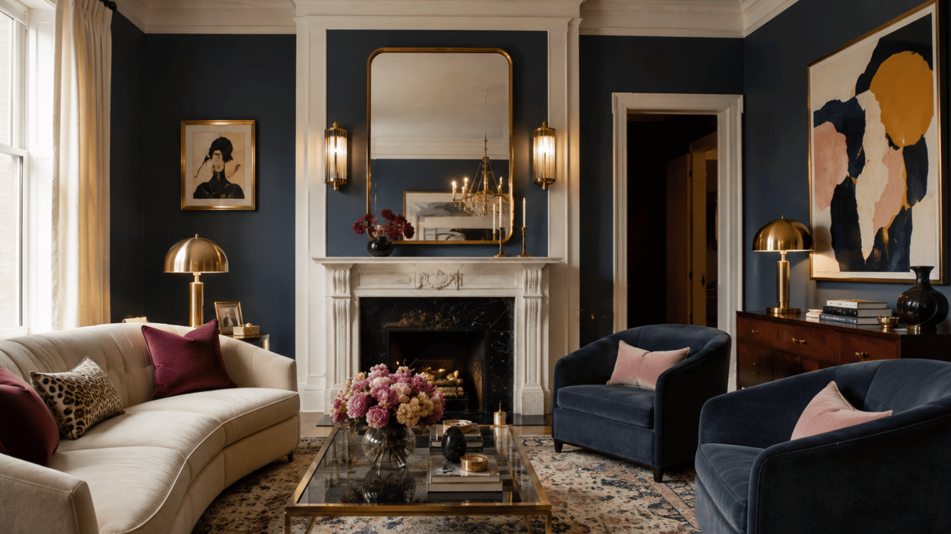 hollywood regency room with jewel tone furnishings and a high contrast color palette featuring rich blue gold and cream tones