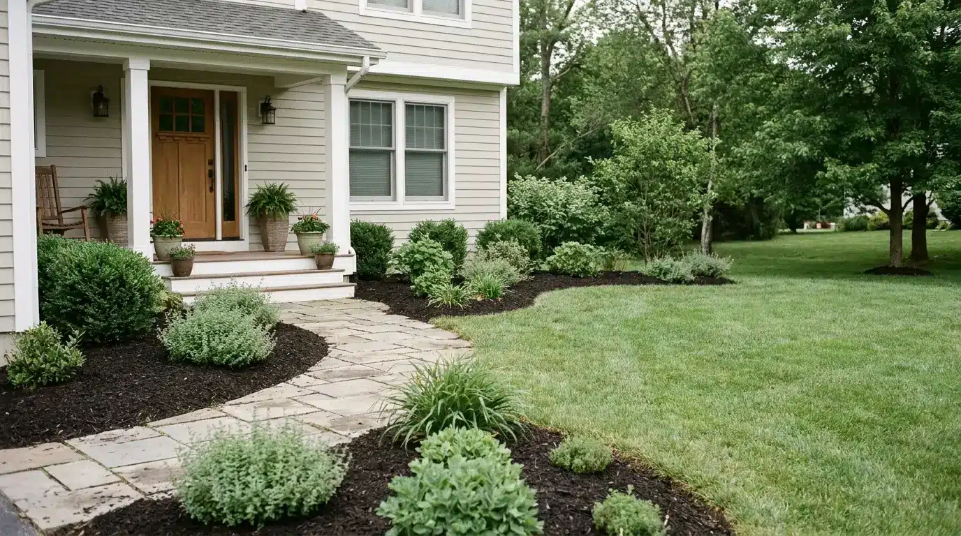 Front yard of a suburban home with landscaped garden and stone path leading to porch