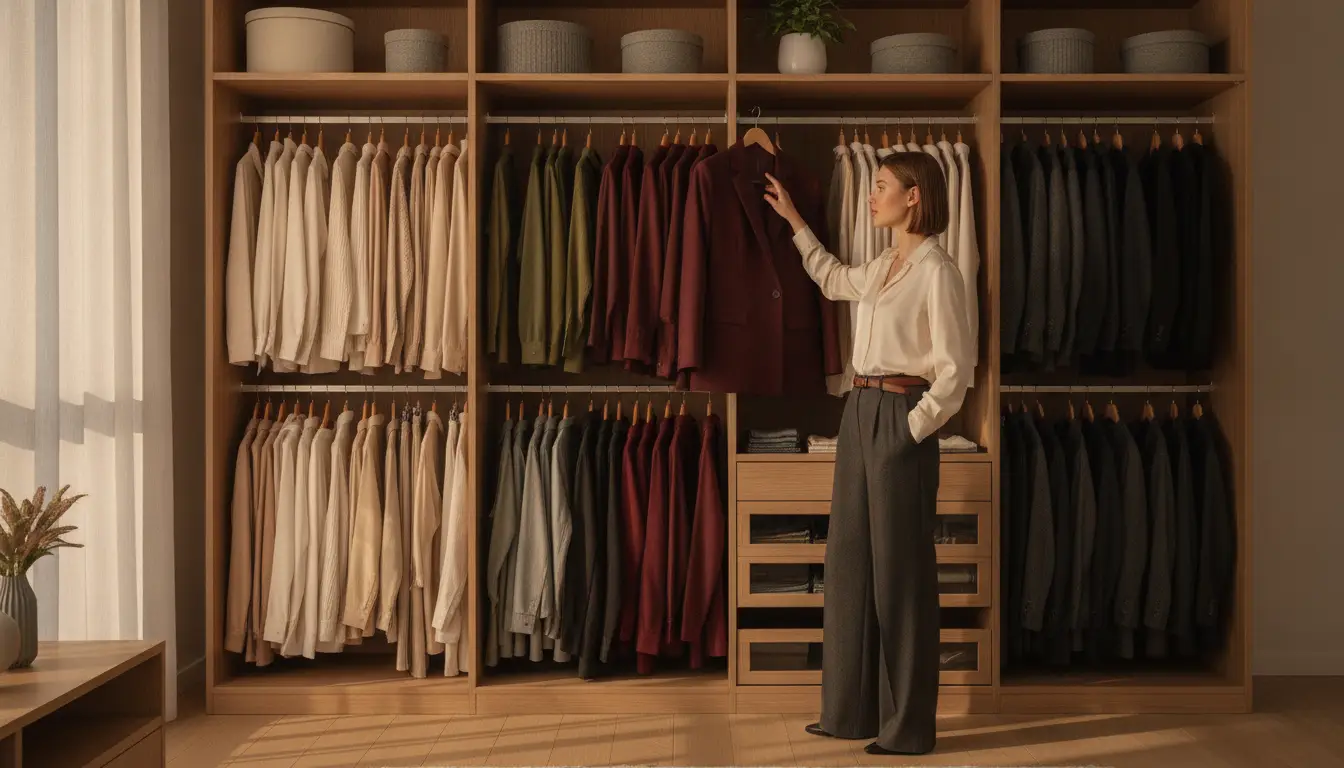 Woman selecting burgundy jacket from organized wardrobe in warmly lit closet space
