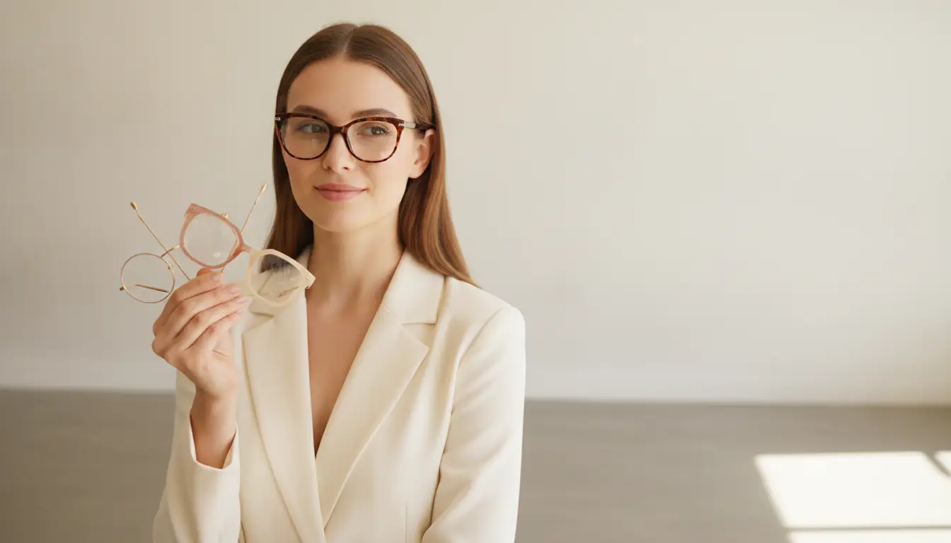 Woman in white blazer holding three pairs of eyeglasses in bright, minimalist room