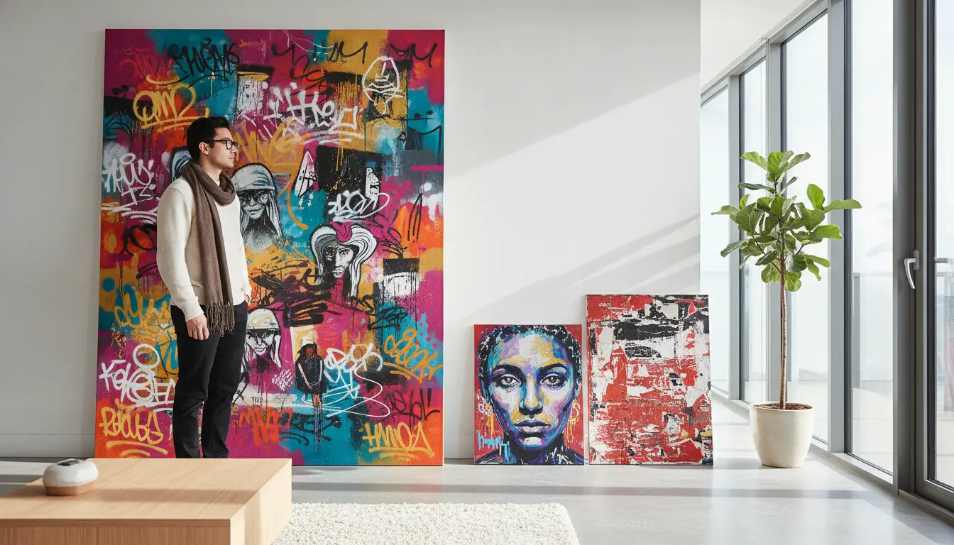 Man observing graffiti-style paintings in a bright modern living room with large windows