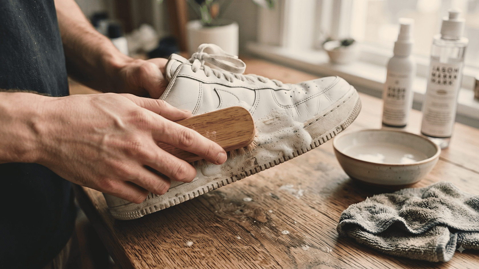 scrubbing white sneakers with a brush and cleaner shows how to clean white shoes using simple steps for dirt marks