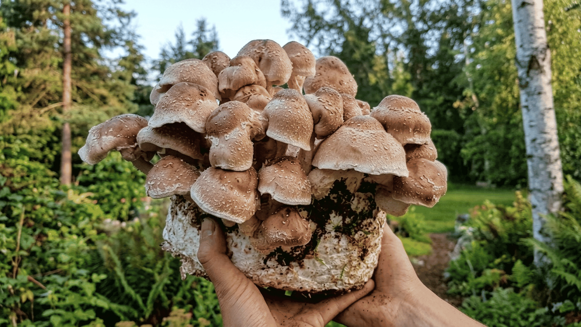 hands holding a large block of grown shiitake mushrooms outdoors in a garden setting
