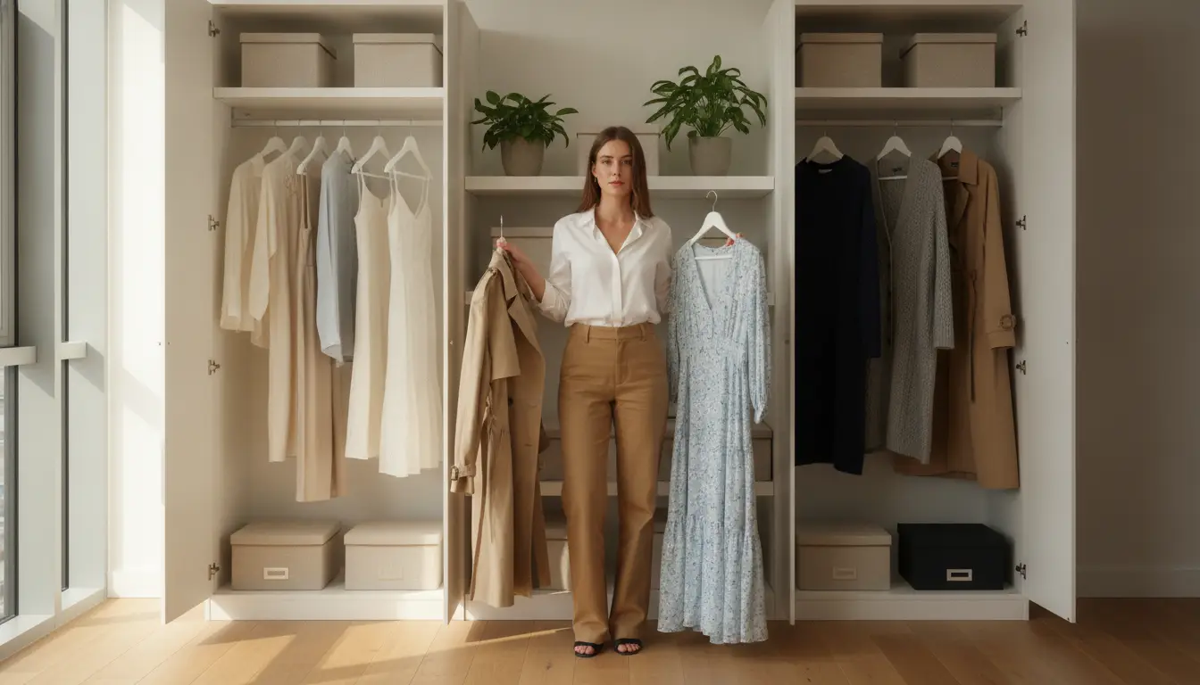 Woman holding outfits in front of organized wardrobe with neatly hung clothing and storage boxes