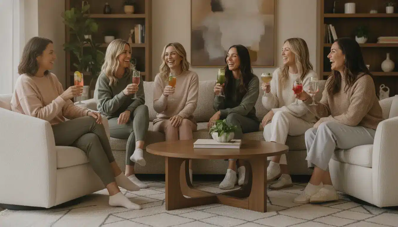 Women enjoying drinks in a cozy living room while one stretches on a yoga mat