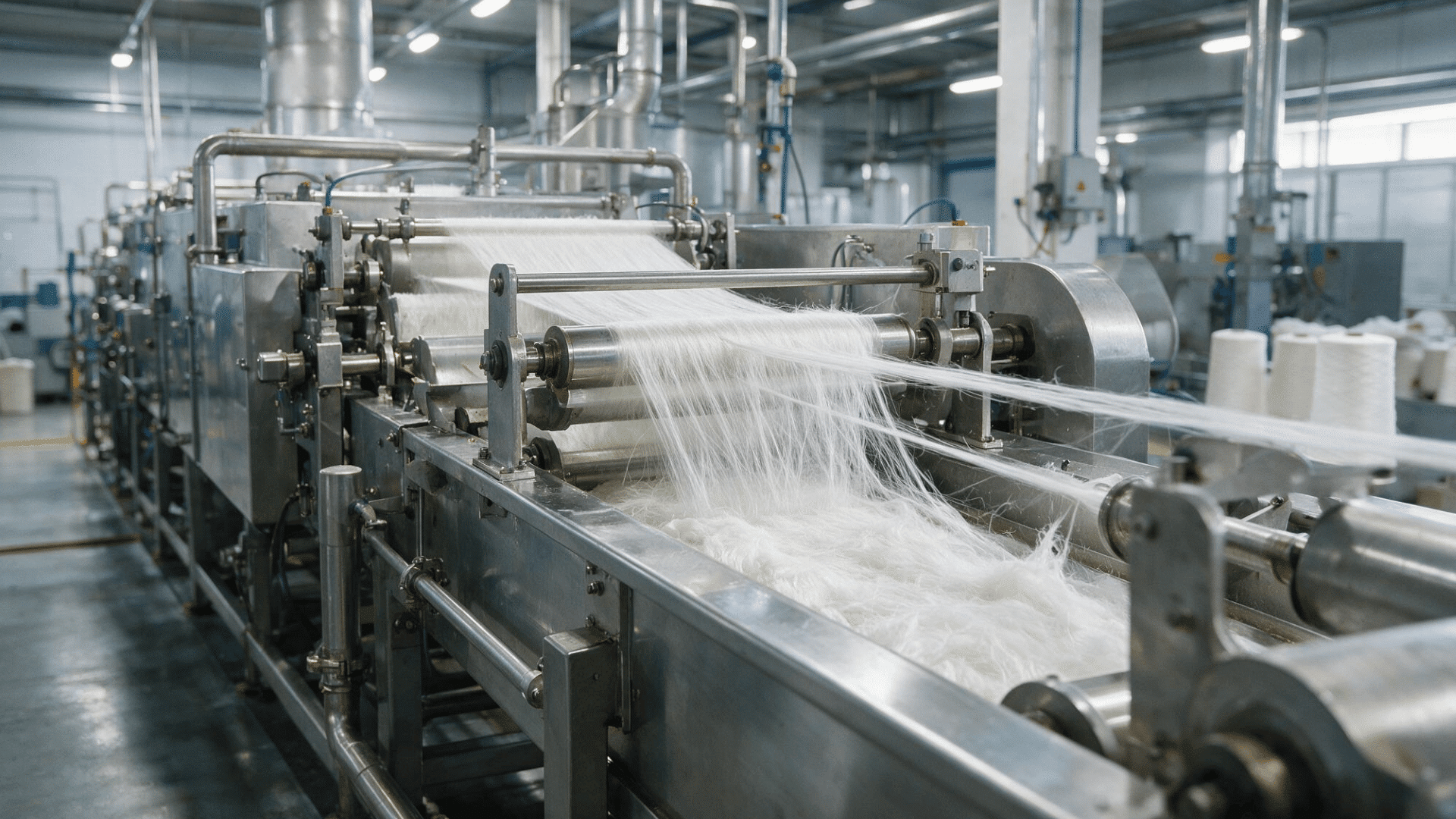 industrial machinery processing raw white cellulose fibers into textile threads in a factory setting