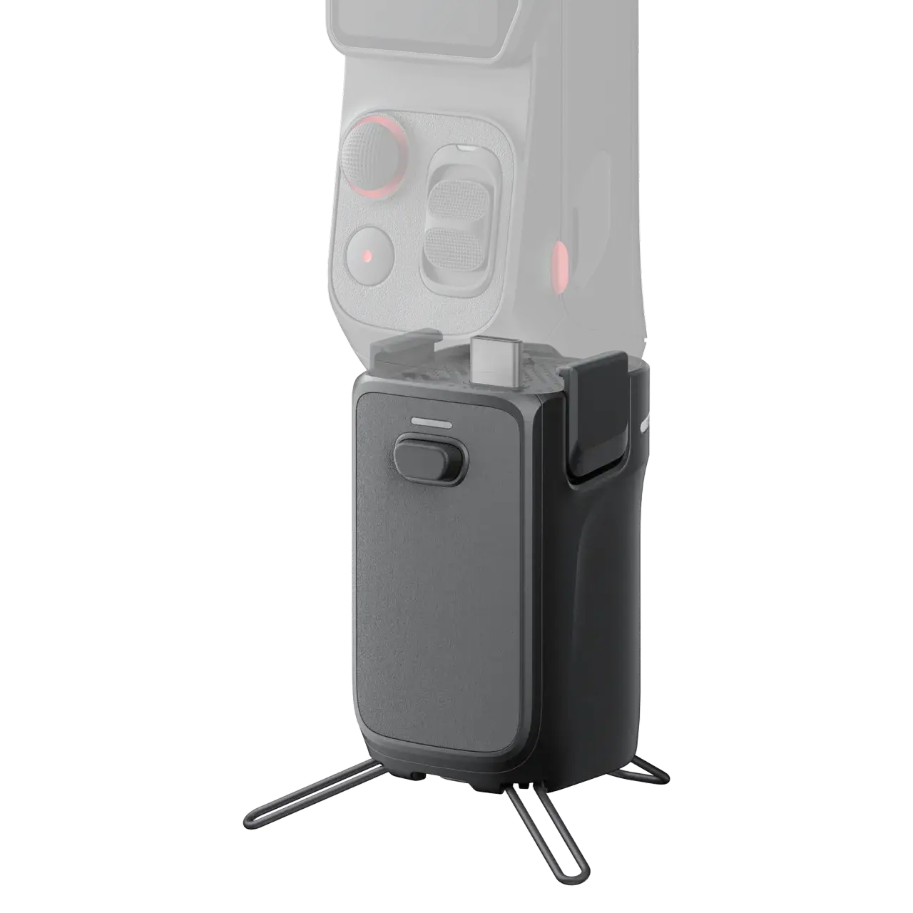 Black camera grip with built-in tripod legs and control button