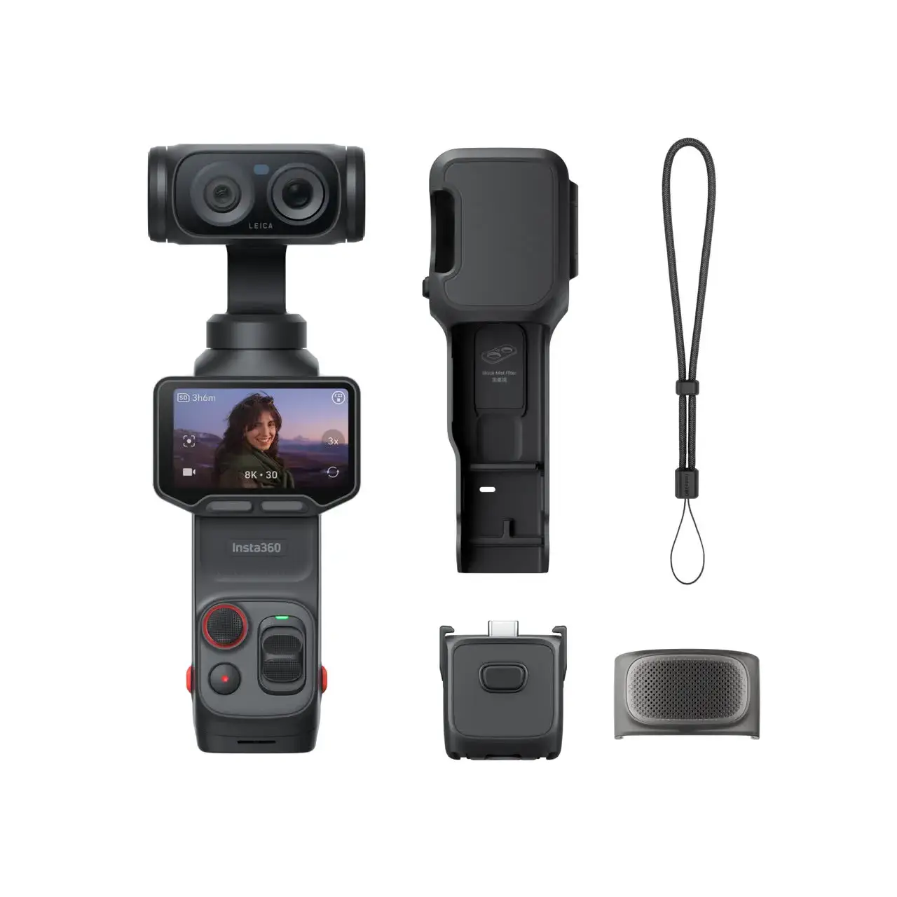 360 camera with screen, protective case, wrist strap, and charger on white background
