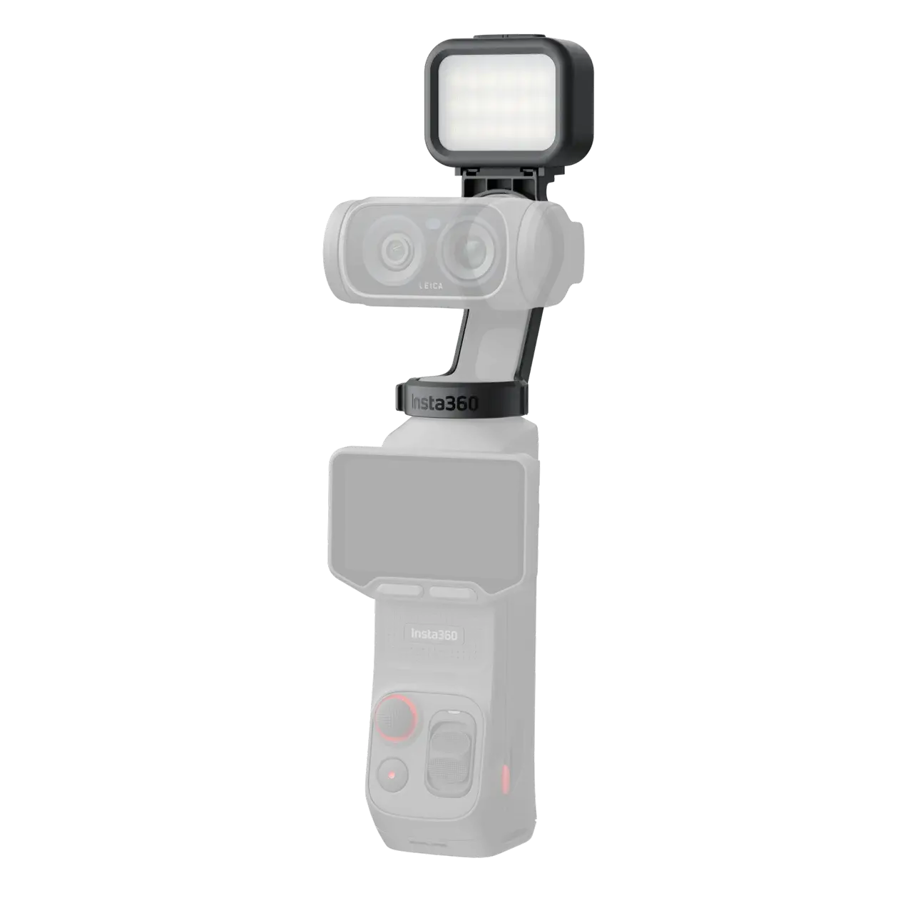 Compact handheld camera with dual lenses and LED light attachment