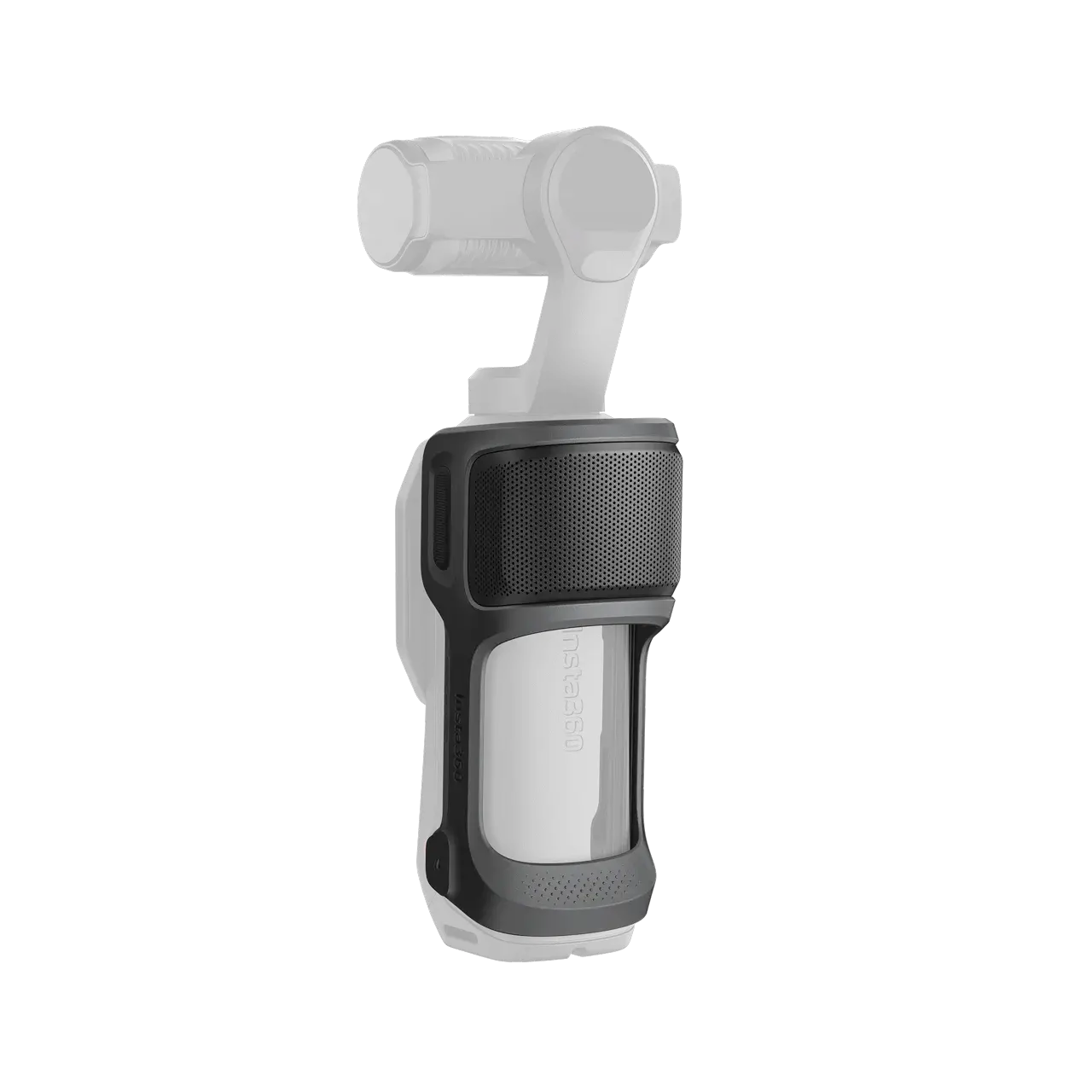 Handheld stabilizer with ergonomic black and gray grip on a black background