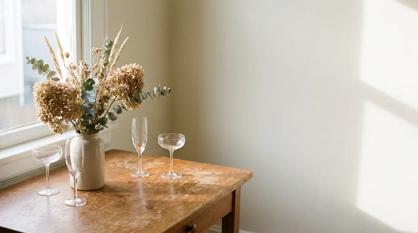 Vase with dried flowers and empty glassware on wooden table in sunlit room
