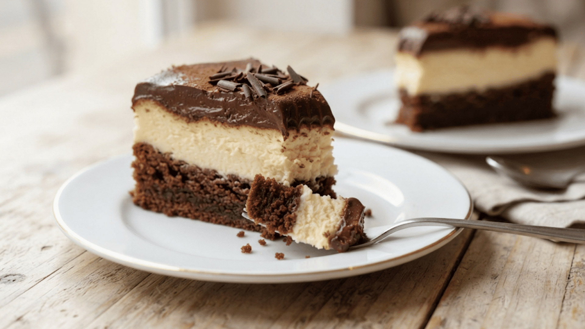 chocolate cake slice with creamy vanilla layer rich chocolate frosting and chocolate shavings served on a white plate