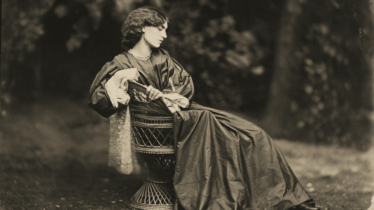 jane morris, in a long flowing dress seated outdoors, reflecting the early roots of bohemian fashion