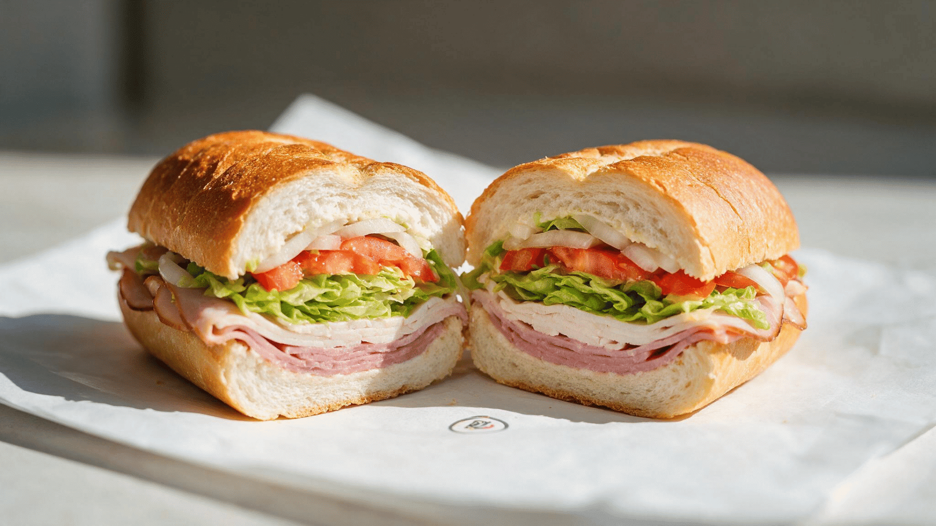 jersey mike’s-style sub sandwich with sliced turkey, ham, lettuce, tomatoes, and onions on fresh bread.