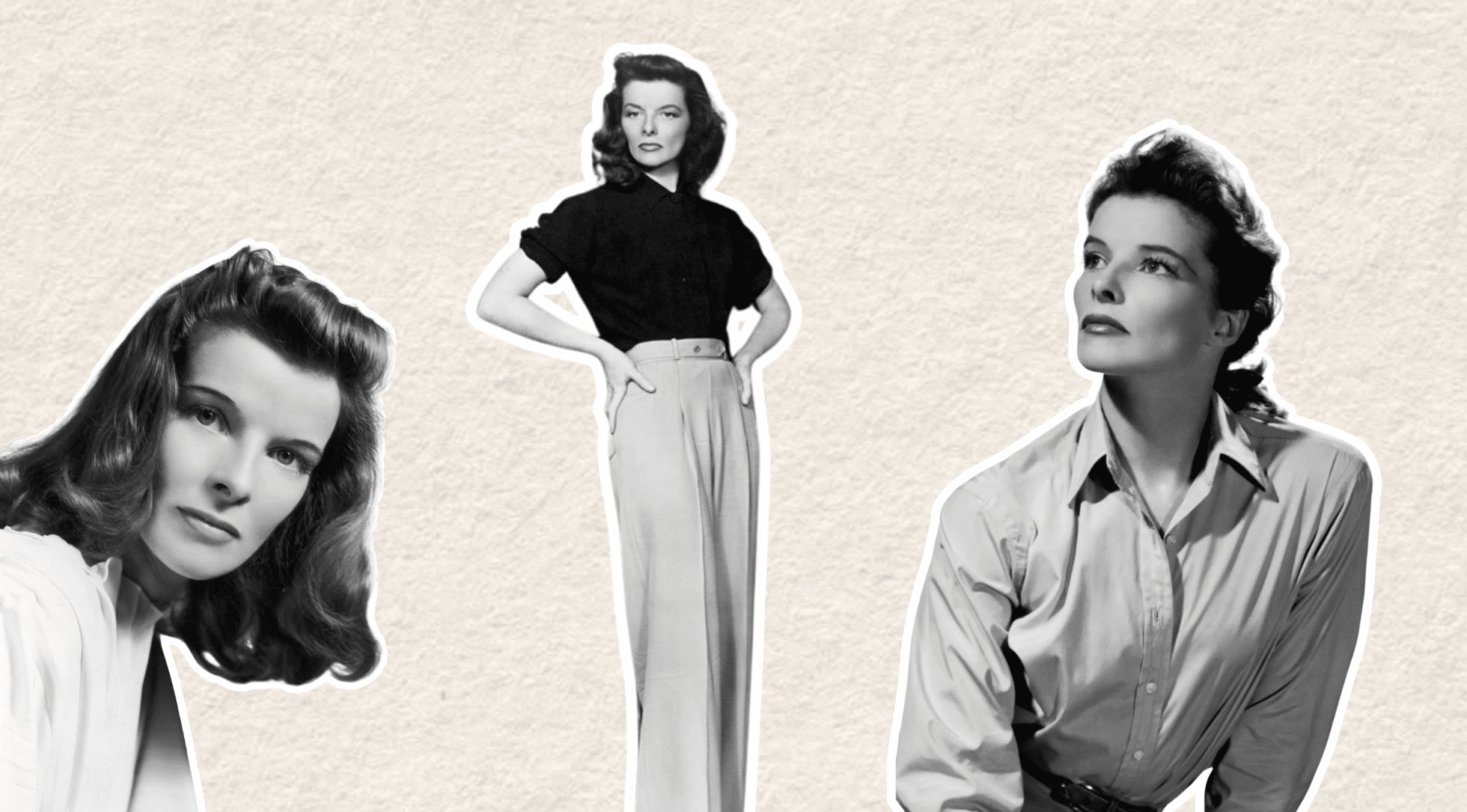 katherine hepburn showcasing her dramatic body type with a tall angular silhouette and strong defined features