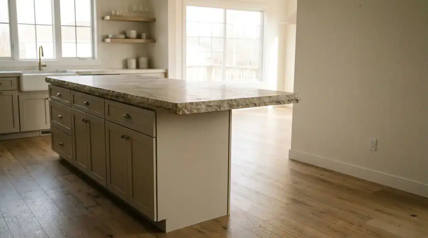 Spacious modern kitchen with large island, natural wood flooring, and bright window lighting
