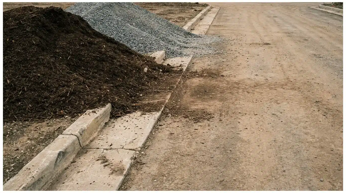 Piles of gravel and mulch beside a dirt road in construction area