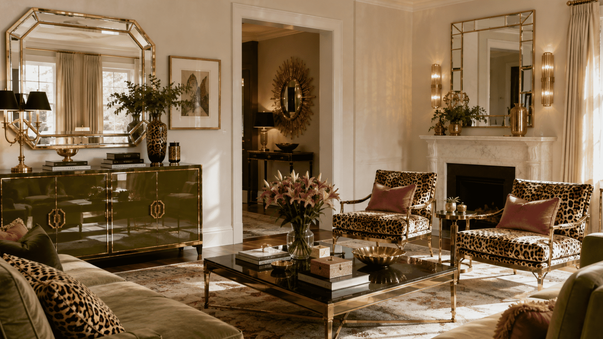 large decorative mirrors with gold frames reflecting light and adding depth to an elegant living room with warm metallic accents
