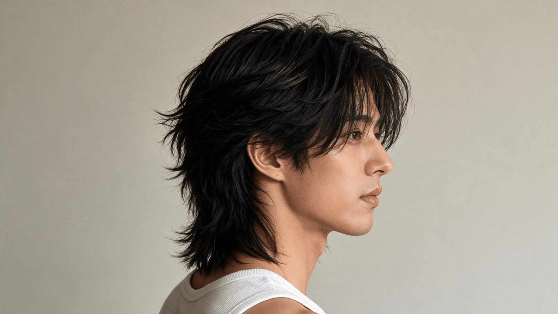 layered wolf haircut with long textured black hair and feathered ends creating a soft modern hairstyle for men