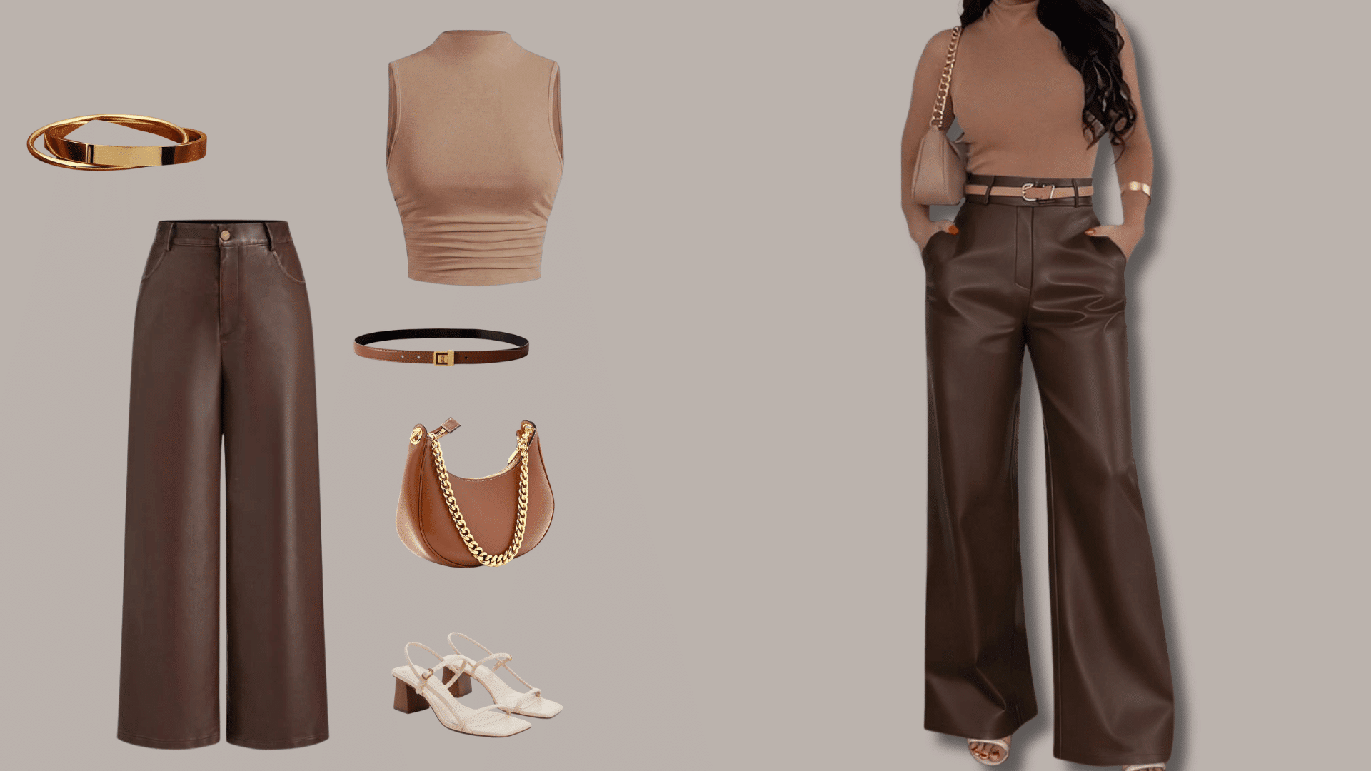Leather pants outfit accessories including a belt, handbag, and jewelry