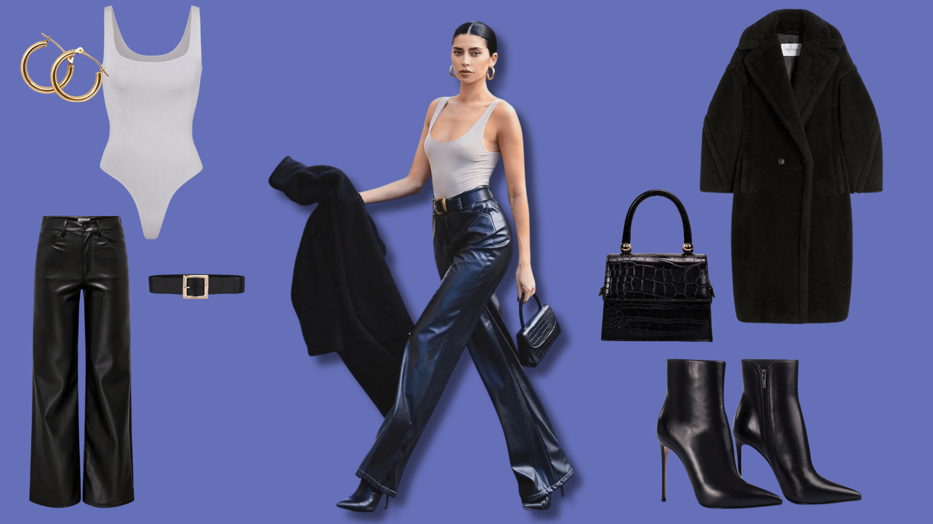 Leather pants styled with a bodysuit, heels, and handbag for a sleek evening look