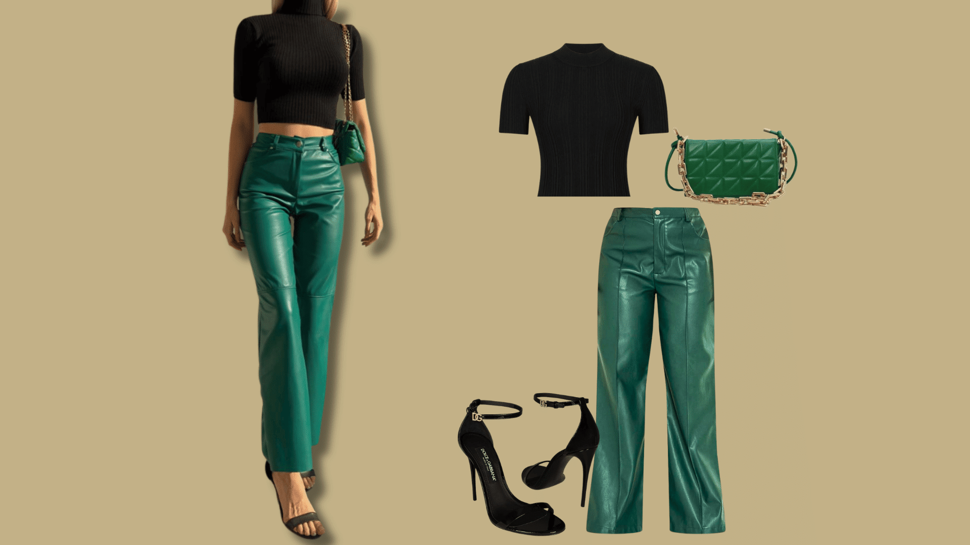 Leather pants with heels and a stylish top for a dressy occasion outfit