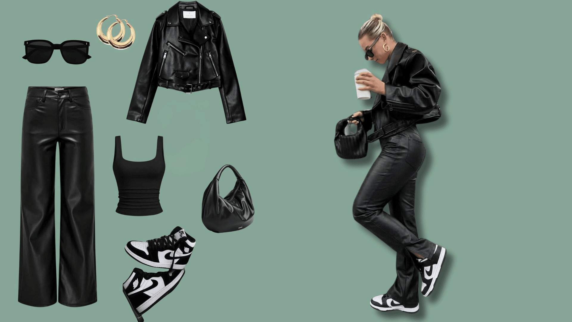 Leather pants with white sneakers and an oversized shirt for a relaxed everyday outfit