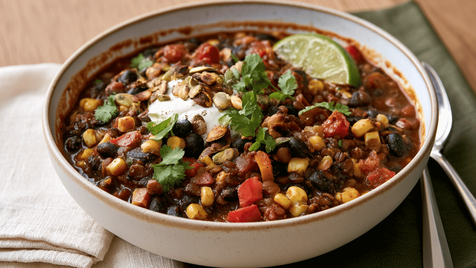 lentil and black bean chili with corn peppers pumpkin seeds yogurt cilantro and lime