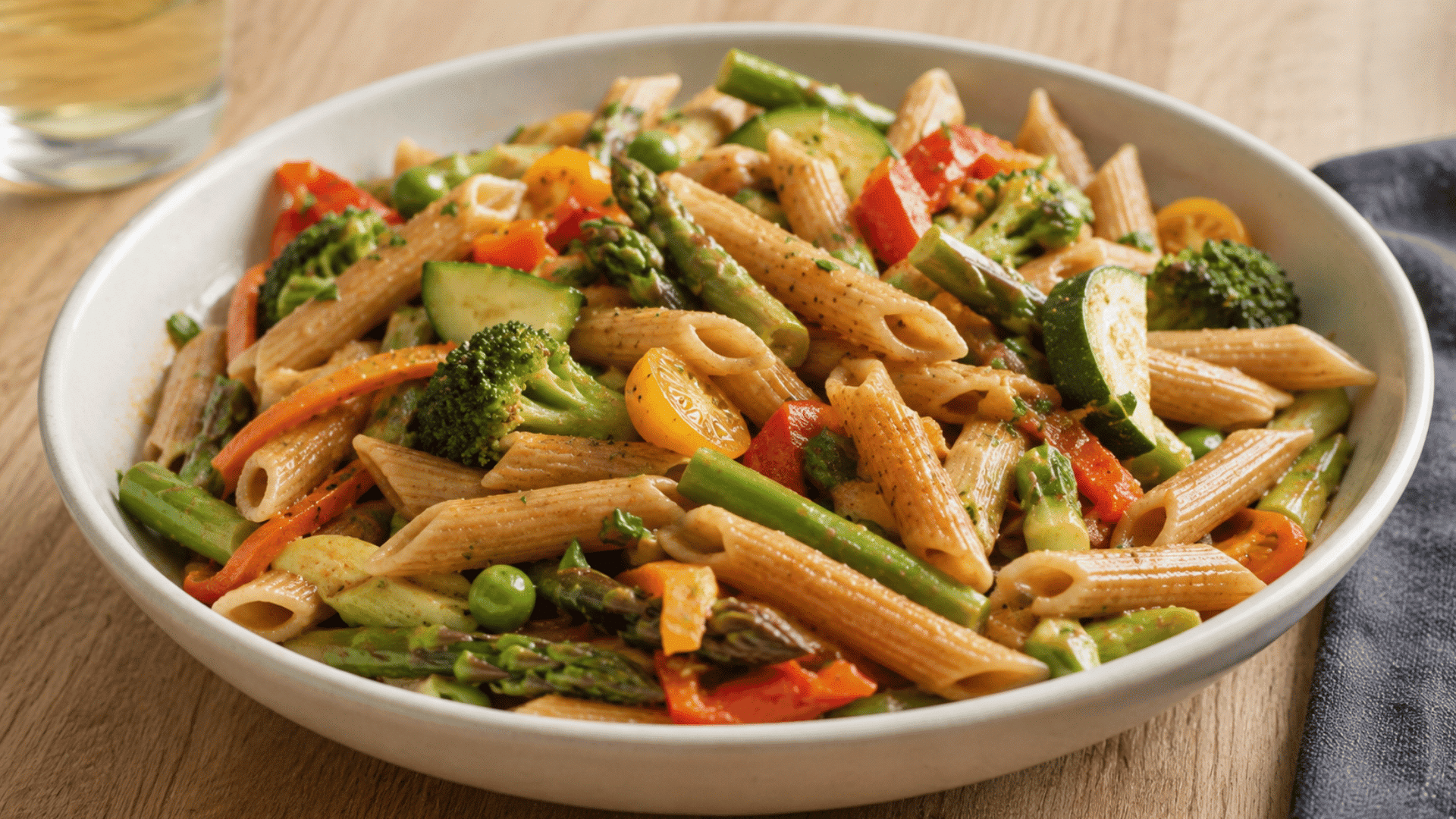 lentil penne pasta primavera with asparagus broccoli zucchini peppers peas and tomatoes in a light savory sauce