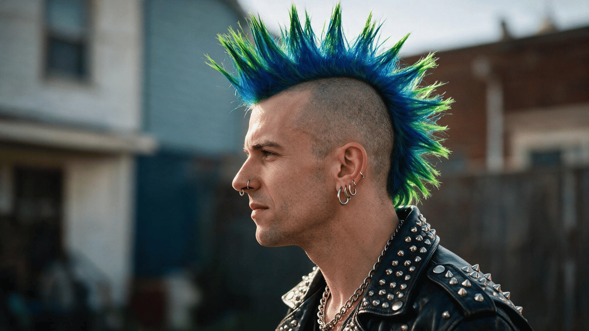liberty spikes mohawk with tall blue and green spikes and closely shaved sides