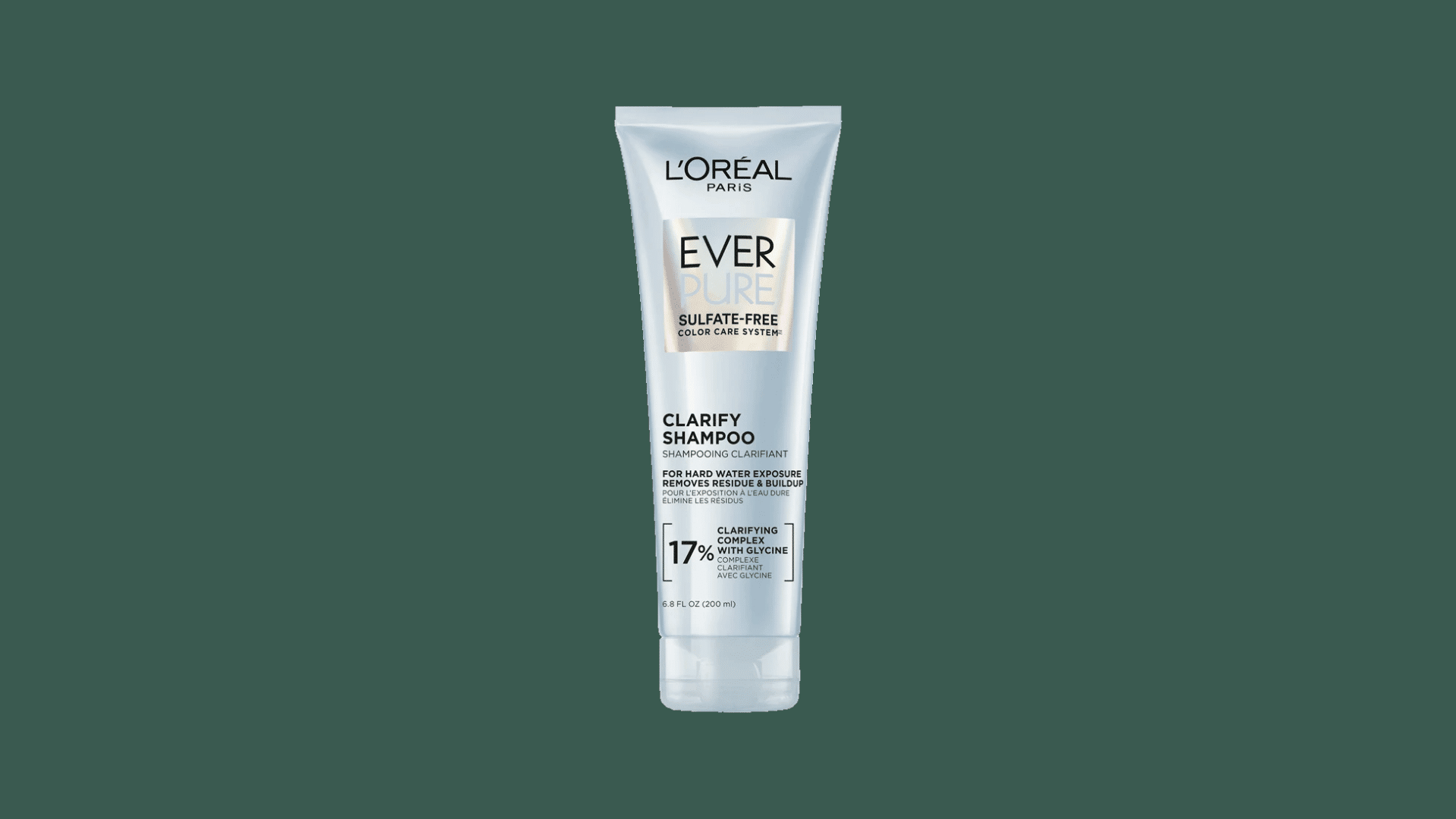 loreal paris ever pure clarify shampoo tube on a dark green background for clean product display and beauty care