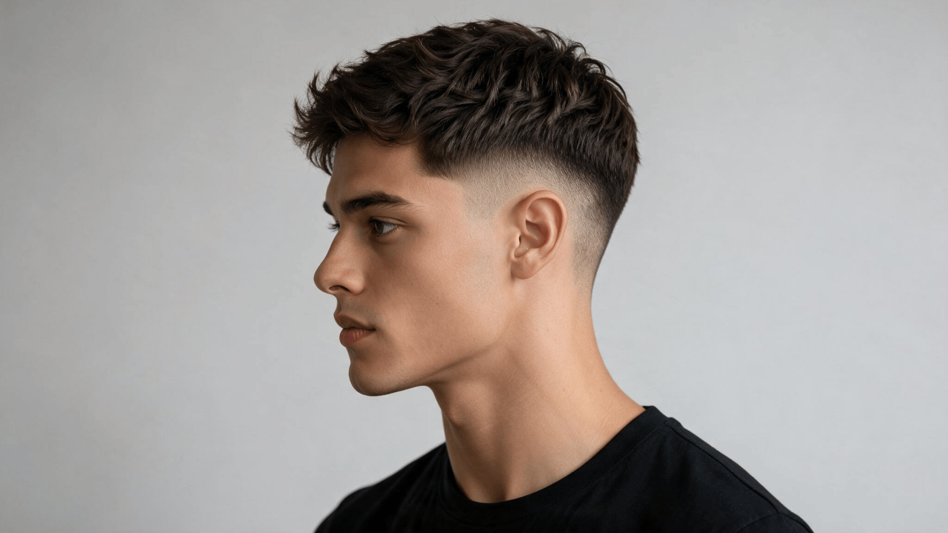 low fade haircut with textured dark hair and gradual faded sides creating a clean modern hairstyle for men