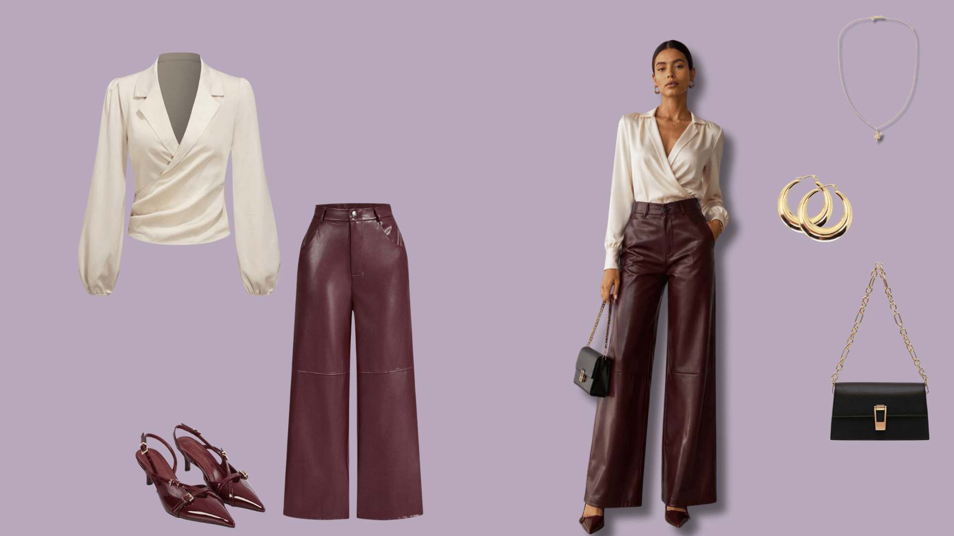 mahroon leather pants paired with a satin top, heels, and jewelry for an evening outfit