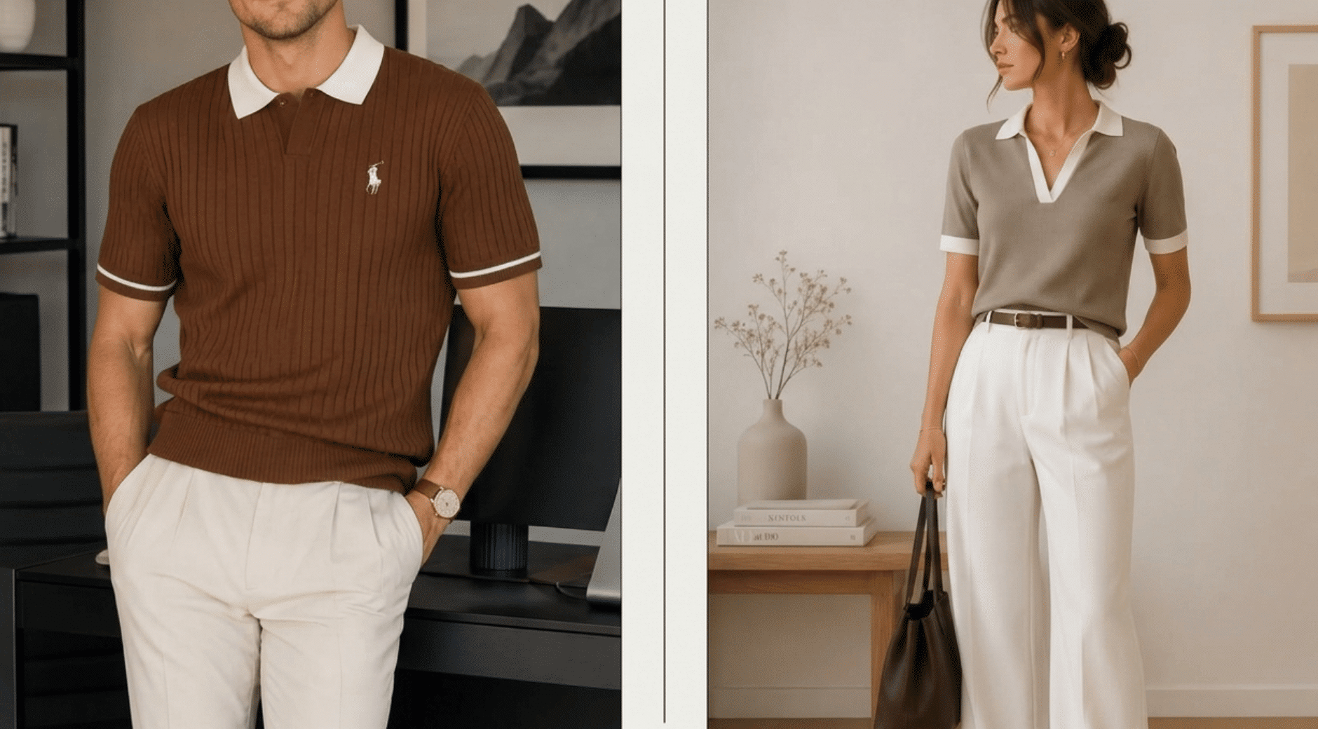man and woman styling polo collar sweaters with white pants for a polished casual outfit look