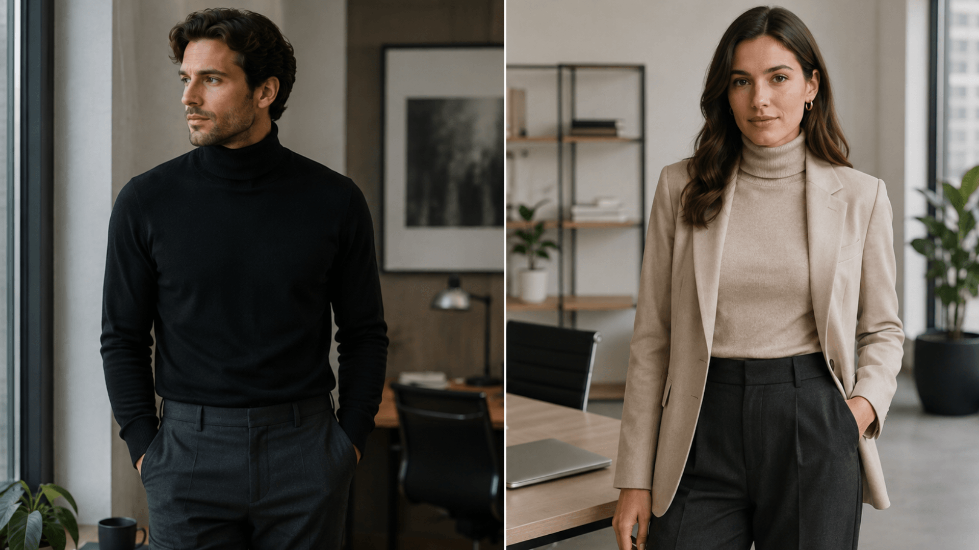 man and woman wearing turtleneck sweaters with tailored trousers in natural professional