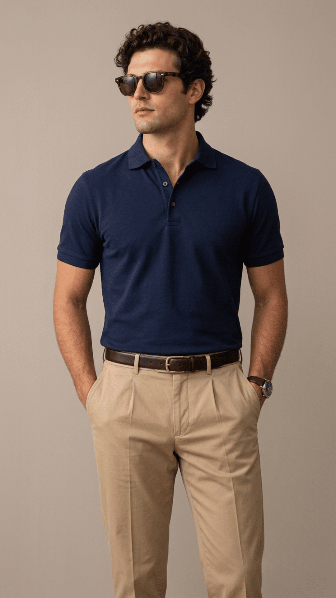 man styling khaki pants with a navy polo and brown loafers for a polished smart casual look